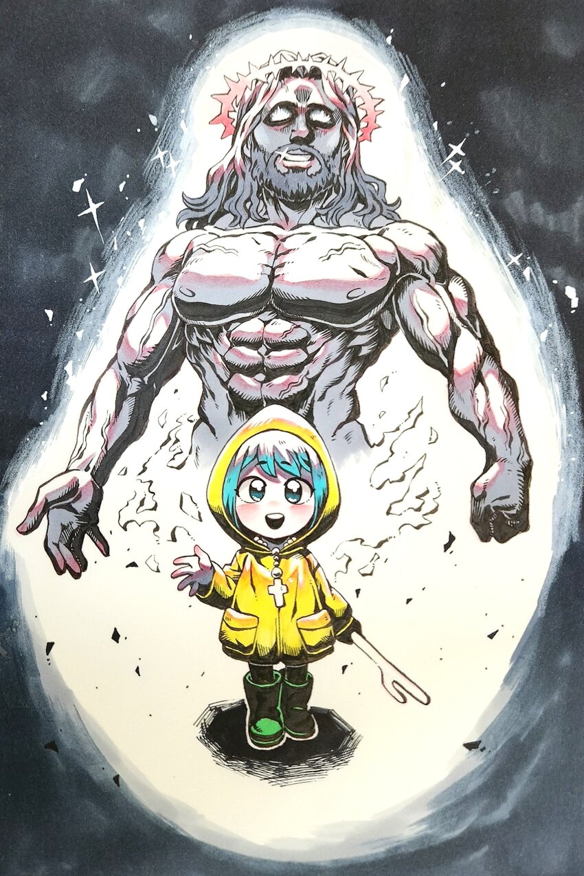 1boy 1girl :d abs absurdres bead_necklace beads beard black_giraffe blue_eyes blue_hair blush boots cane clenched_hand cross cross_necklace crown_of_thorns facial_hair full_body glowing glowing_eyes green_footwear highres holding holding_cane jesus jewelry jojo_no_kimyou_na_bouken jubilee_2025 latin_cross looking_at_viewer luce_(jubilee_2025) millipen_(medium) muscular muscular_male necklace open_mouth pen_(medium) raincoat rosary rubber_boots short_hair smile stand_(jojo) standing teeth topless_male traditional_media upper_teeth_only veins veiny_arms waving yellow_raincoat