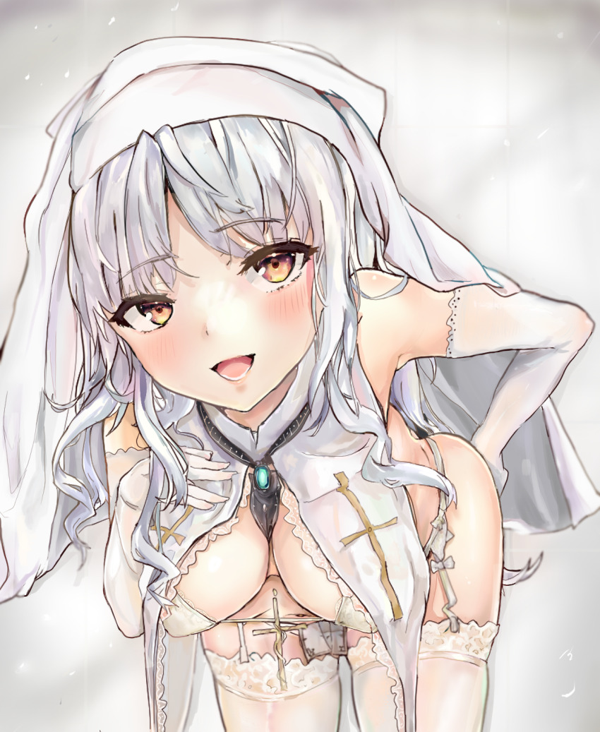 1girl ahshi_(yingchuan_songshu) alternate_costume blush breasts caren_hortensia caren_hortensia_(amor_caren) fate/grand_order fate_(series) garter_belt gloves highres large_breasts lingerie looking_at_viewer nun open_mouth underwear white_gloves white_hair yellow_eyes