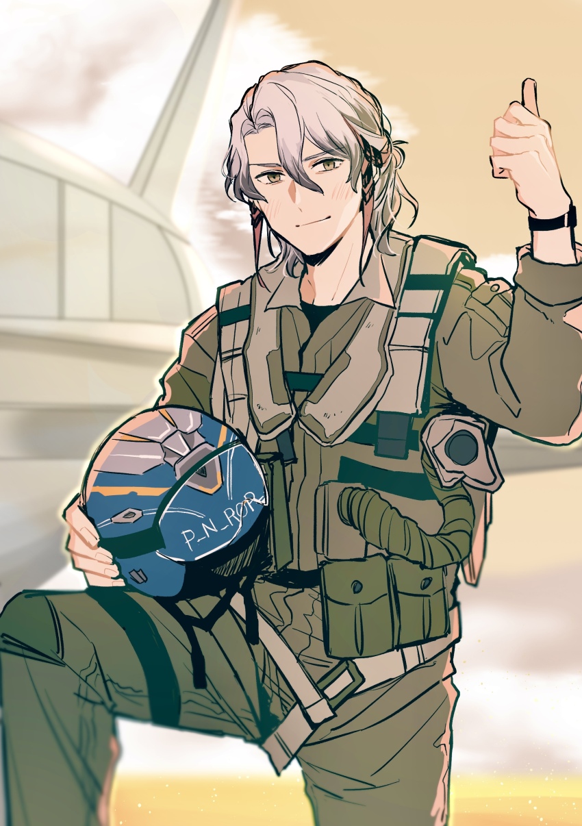 1boy absurdres brown_eyes closed_mouth fate/grand_order fate_(series) grey_hair helmet highres holding holding_helmet itokon300 long_sleeves looking_at_viewer male_focus odysseus_(fate) pants pilot short_hair solo thumbs_up watch wristwatch
