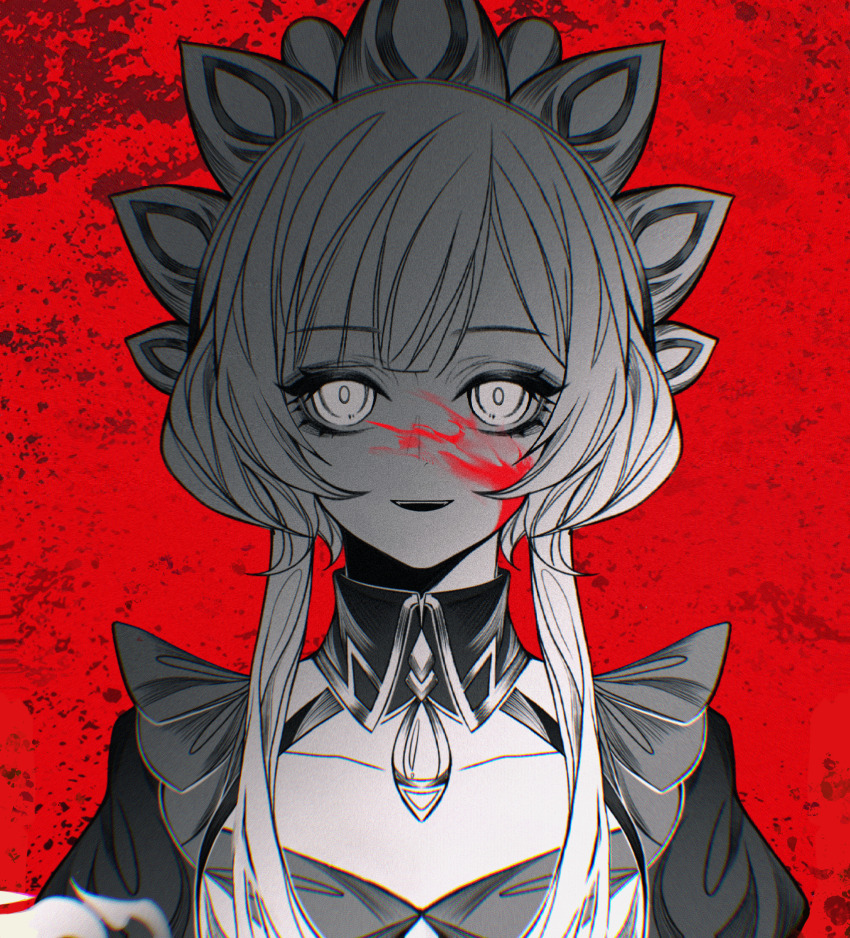 1girl absurdres blood blood_on_face blood_splatter blood_stain blunt_bangs chinese_commentary collarbone commission detached_collar dress genshin_impact headdress highres juliet_sleeves long_sleeves looking_at_viewer monochrome open_mouth puffy_sleeves red_background sandrone_(genshin_impact) second-party_source shade short_hair solo teeth upper_body upper_teeth_only vapor88679 wavy_hair