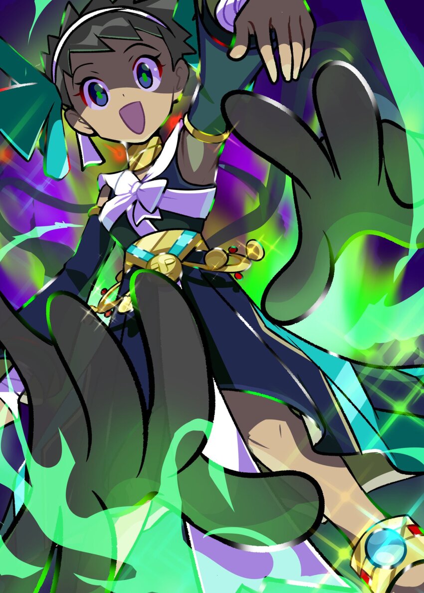 1girl :d anklet armpits blue_eyes brown_hair cofagrigus dark-skinned_female dark_skin detached_sleeves dress gen_5_pokemon highres jewelry looking_at_viewer monaka_mom nintendo official_alternate_costume open_mouth phoebe_(fall_2023)_(pokemon) phoebe_(pokemon) pokemon pokemon_(creature) pokemon_masters_ex short_hair smile