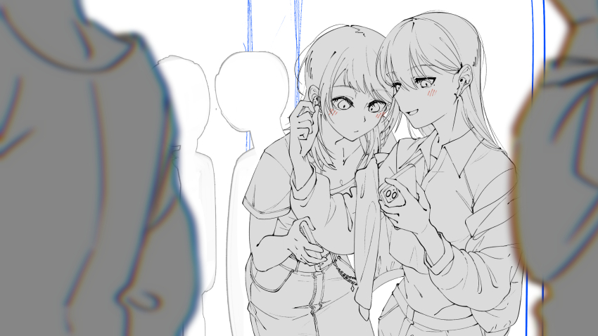 2girls absurdres airpods bang_dream! bang_dream!_it&#039;s_mygo!!!!! blush cellphone closed_mouth crop_top doki_(oox3o) earphones highres holding holding_phone long_hair medium_hair midriff multiple_girls open_mouth pants people phone shared_earphones shiina_taki shirt short_sleeves smartphone spot_color unfinished wireless_earphones yahata_umiri