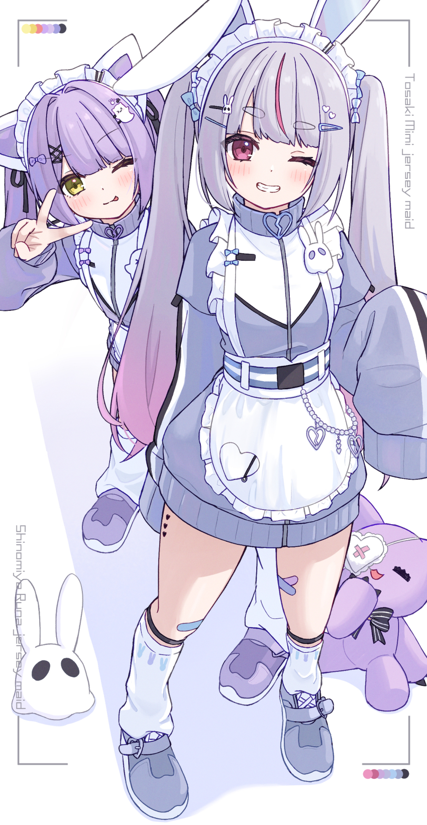 2girls absurdres animal_ears anku apron bandaid bandaid_on_leg blush character_name closed_mouth commentary_request fake_animal_ears full_body gradient_hair grin hair_ornament hair_tie hairclip highres jacket jersey_maid looking_at_viewer maid maid_headdress multicolored_hair multiple_girls one_eye_closed purple_eyes purple_hair shinomiya_runa shoes smile socks standing streaked_hair stuffed_animal stuffed_toy thick_eyebrows tongue tongue_out tosaki_mimi tosaki_mimi_(4th_costume) track_jacket twintails unconventional_maid v virtual_youtuber vspo! waist_apron white_socks yellow_eyes