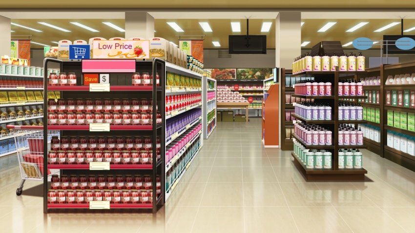 box cardboard_box ceiling_light display english_text food fruit grocery_store highres indoors jam monitor no_humans non-web_source official_art our_life:_beginnings_and_always reflective_floor shelf shop shopping_cart sign stocking_shelves strawberry tile_floor tiles
