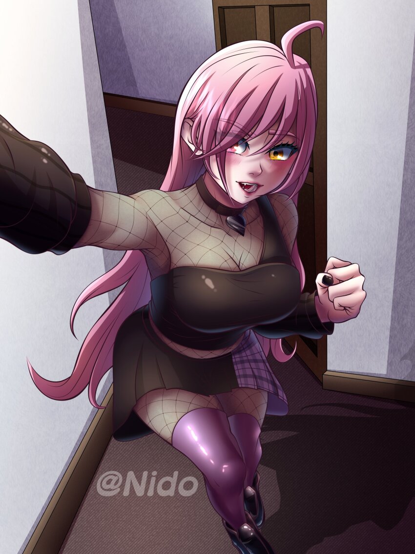 1girl absurdres affternido arm_up artist_name black_bodysuit black_nails black_shirt black_shoes black_sleeves blush bodystocking bodysuit breasts cleavage covered_collarbone detached_sleeves eyebrows eyelashes female_focus fingernails fishnet_bodystocking fishnets full_body goth_fashion hand_up highres indie_virtual_youtuber large_breasts licking_lips lips long_hair looking_at_viewer midriff nail_polish nene_efthy open_mouth outstretched_arm pink_hair pink_thighhighs selfie shirt shoes single-shoulder_shirt solo teeth thighhighs tongue tongue_out upper_teeth_only virtual_youtuber watermark yellow_eyes