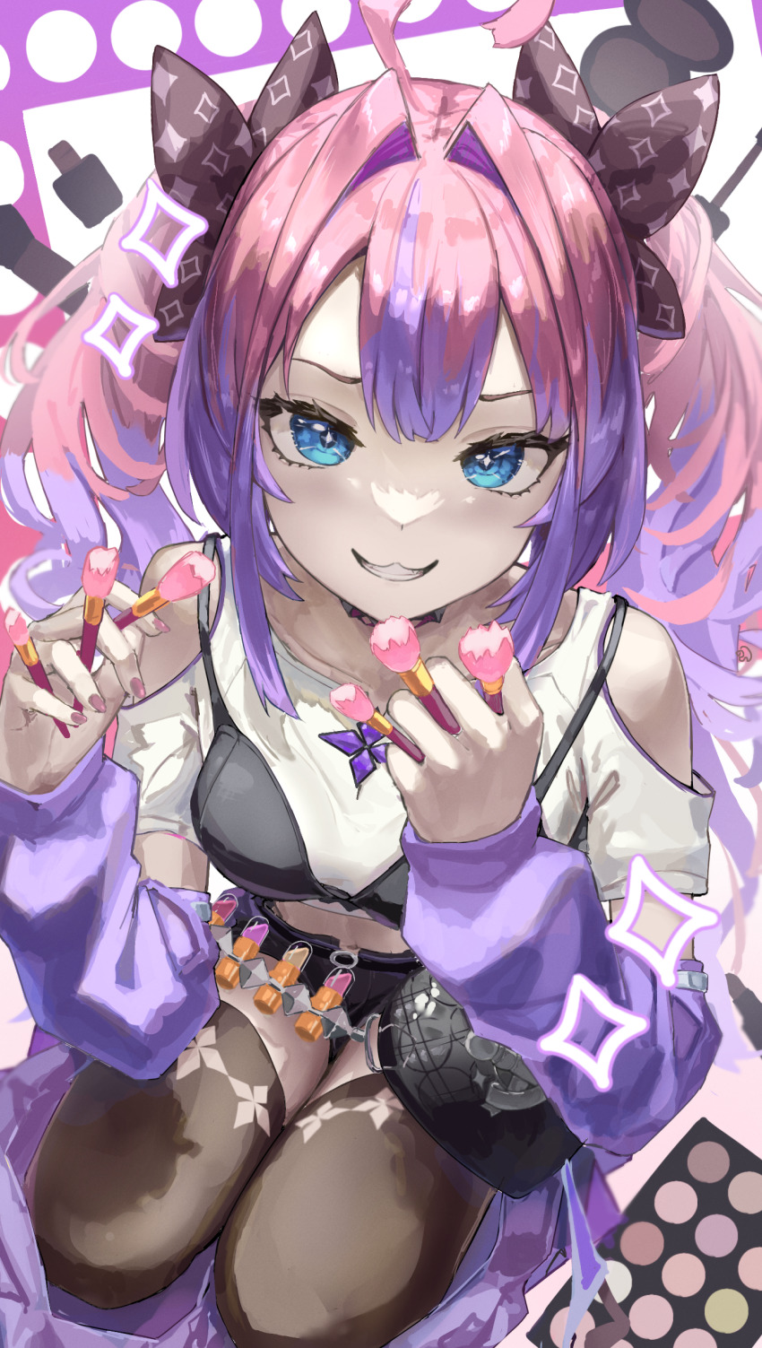 1girl :3 absurdres ahoge bag bare_shoulders blue_eyes bow bra_over_clothes curly_hair detached_sleeves diamond_(shape) furrowed_brow hair_bow handbag highres hololive hololive_dev_is kikirara_vivi lazyramen lipstick looking_at_viewer looking_up makeup makeup_brush makeup_palette midriff multicolored_hair pink_hair pink_nails purple_hair purple_sleeves shirt solo sparkling_eyes thighhighs twintails two-tone_hair vent_(object) virtual_youtuber white_shirt