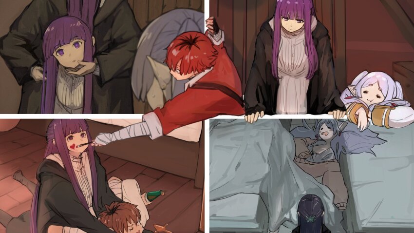 1boy 2girls bandaged_arm bandages black_gloves black_robe blanket blunt_bangs drawing_on_another&#039;s_face dress elf fern_(sousou_no_frieren) fingerless_gloves fourth_wall frieren gloves grey_hair heart higemu highres holding holding_paintbrush long_hair long_sleeves multiple_girls on_ground outside_border paintbrush parted_bangs pointy_ears purple_eyes purple_hair red_hair robe short_hair sitting sleeping smile sousou_no_frieren stark_(sousou_no_frieren) twintails white_dress