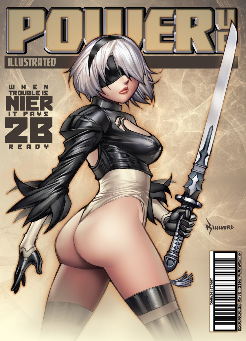 1girl 2b_(nier:automata) ass barcode black_gloves black_hairband blindfold boots breasts cleavage_cutout clothing_cutout commentary cover covered_eyes english_commentary english_text fake_magazine_cover feather-trimmed_sleeves female_focus gloves hair_over_one_eye hairband highleg highleg_leotard highres holding holding_sword holding_weapon juliet_sleeves katana leotard lips long_sleeves magazine_cover medium_breasts nier:automata nier_(series) no_mole puffy_sleeves ryan_kinnaird shiny_clothes short_hair shrug_(clothing) silver_hair solo square_enix sword thigh_boots thighhighs thighhighs_under_boots thong_leotard vambraces virtuous_contract weapon white_leotard