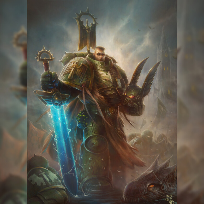 6+boys armor armored_boots banner boots border breastplate brown_hair electricity explosive full_armor full_body gauntlets glowing glowing_sword glowing_weapon greaves green_armor grenade gun helmet highres holding holding_detached_head holding_sword holding_weapon lazarus_(warhammer_40k) looking_at_viewer multiple_boys ornate_armor pauldrons power_armor power_sword purity_seal ricardomunoz scar scar_across_eye scar_on_face science_fiction short_hair shoulder_armor space_marine sword tower unworn_headwear unworn_helmet vambraces warhammer_40k weapon winged_helmet