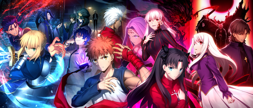 6+boys 6+girls archer_(fate) artoria_pendragon_(fate) bandaged_arm bandages book corruption cu_chulainn_(fate) cu_chulainn_(fate/stay_night) dark_sakura emiya_shirou endou_kaori everyone excalibur_(fate/stay_night) fate/grand_order fate/stay_night fate_(series) fighting_stance gae_bolg_(fate) gilgamesh_(fate) gilgamesh_(immoral_biker_jacket)_(fate) great_grail hassan_of_the_cursed_arm_(fate) heaven&#039;s_feel heracles_(fate) highres holding holding_book holding_polearm holding_sword holding_weapon homurabara_academy_school_uniform illyasviel_von_einzbern kotomine_kirei kuzuki_souichirou matou_sakura matou_shinji matou_zouken medea_(caster)_(fate) medea_(fate) medusa_(fate) medusa_(rider)_(fate) multiple_boys multiple_girls official_art open_book polearm saber_(fate) sasaki_kojirou_(fate) school_uniform shroud_of_martin siblings sisters spear standing stitched sword third-party_edit tohsaka_rin weapon zabaniya_(fate)