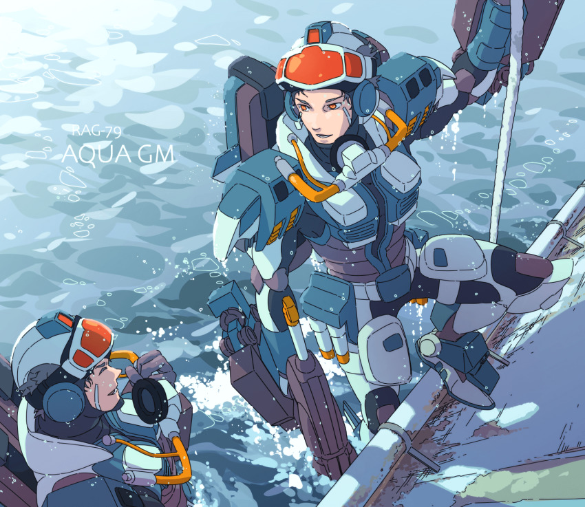 2boys 8823 ^_^ aqua_gm armor cable closed_eyes grey_hair gun gundam gundam_msv highres holding holding_gun holding_mask holding_weapon humanization looking_to_the_side male_focus mask mecha_danshi multiple_boys open_mouth orange_eyes partially_submerged power_armor rust smile unworn_mask water weapon