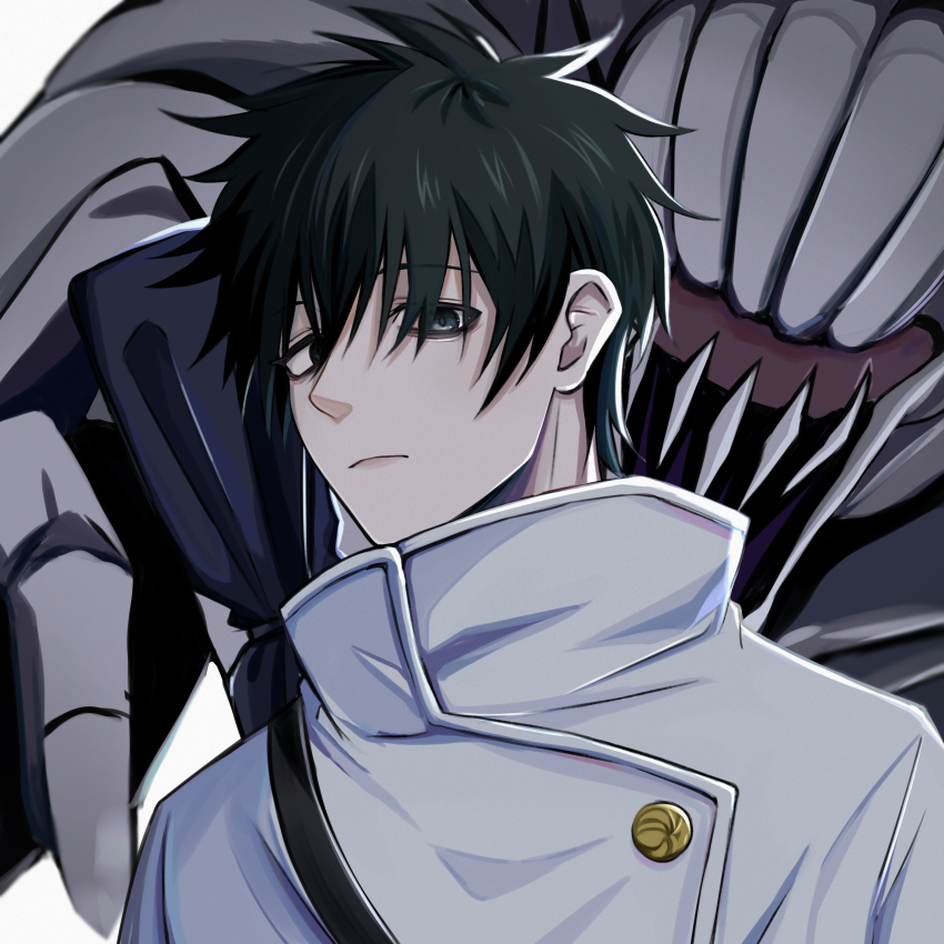 1boy absurdres black_hair closed_mouth commentary_request cursed_energy_(jujutsu_kaisen) cursed_spirit_(jujutsu_kaisen) frown hair_behind_ear hair_between_eyes highres jacket jujutsu_kaisen looking_down male_focus monster okkotsu_yuuta orimoto_rika popped_collar sakuma_kou upper_body weapon weapon_on_back white_background white_jacket