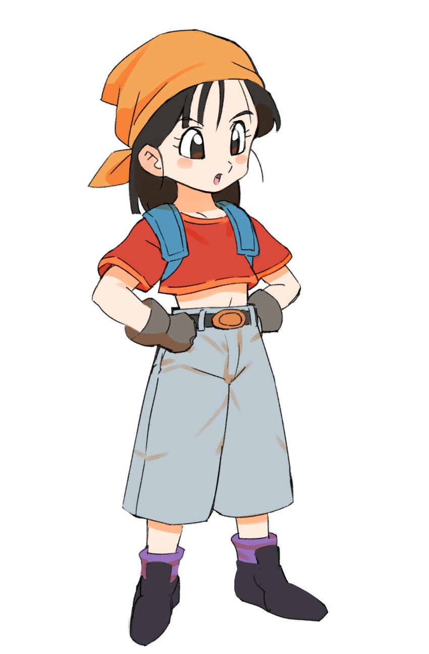 1girl bandana belt black_belt black_hair black_shoes blush_stickers brown_eyes crop_top cropped_shirt dragon_ball dragon_ball_gt full_body gan2 gloves grey_gloves grey_pants hands_on_own_hips highres legs_apart open_mouth orange_bandana orange_trim pan_(dragon_ball) pants purple_socks red_shirt shirt shoes short_hair short_sleeves socks solo standing