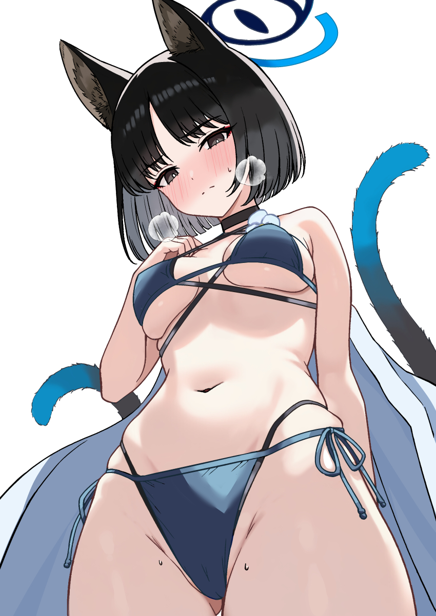 absurdres animal_ears bikini black_eyes black_tail blue_archive blue_bikini blue_halo blue_tail cat_ears cat_girl cat_tail colored_inner_animal_ears criss-cross_halter criss-cross_straps gradient_tail halo halterneck highres kikyou_(blue_archive) kikyou_(swimsuit)_(blue_archive) layered_bikini multi-strapped_bikini_bottom multiple_tails official_alternate_costume pikumin64 swimsuit tail two_tails