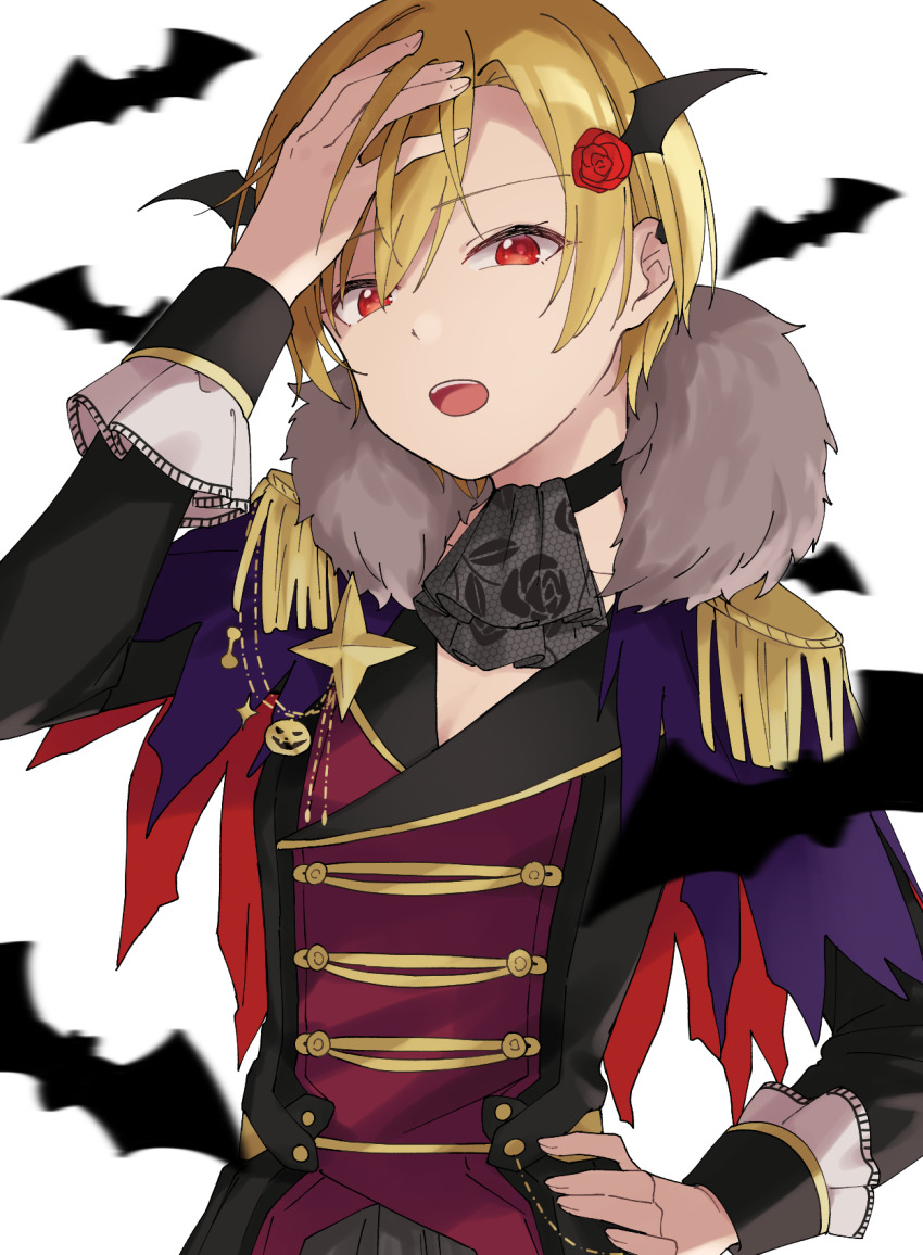 1girl bat_(animal) bat_wings blonde_hair buttons double-breasted epaulettes flower four-pointed_star frilled_cuffs fur_collar hand_on_own_head hand_on_own_hip highres idolmaster idolmaster_shiny_colors jack-o&#039;-lantern_ornament open_mouth pachiko red_eyes red_flower red_rose rose saijo_juri short_hair solo white_background wings