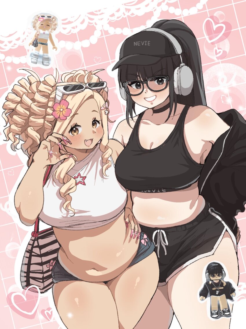 2girls bag baseball_cap belly black-framed_eyewear black_choker black_eyes black_hair black_hat black_jacket black_shirt black_shorts blonde_hair blue_shorts blush breasts brown_eyes choker claw_pose cleavage crop_top dasan242 drill_hair drill_sidelocks fang fingernails flower glasses gyaru gym_shorts hair_flower hair_ornament hairclip hand_on_own_hip handbag hat headphones highres jacket lips long_fingernails long_hair medium_breasts medium_hair multiple_girls nail_art navel off-shoulder_jacket off_shoulder open_clothes open_jacket open_mouth original pink_nails plump ponytail roblox shirt short_shorts shorts sidelocks sleeveless sleeveless_shirt smile standing sunglasses sunglasses_on_head tan thick_thighs thighs white_shirt