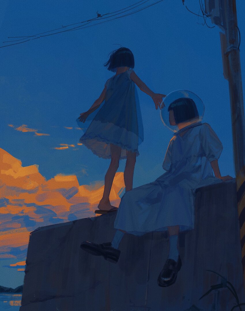 2girls amo_(amo_0514) arm_support black_hair black_shoes blue_sky bob_cut brown_sandals chinese_commentary cloud commentary_request dress dusk fishbowl_helmet flip-flops full_body highres jersey_barrier loafers long_dress multiple_girls original outdoors outstretched_arms power_lines puffy_short_sleeves puffy_sleeves sandals see-through_clothes see-through_dress_layer shoes short_hair short_sleeves sitting sky sleeveless sleeveless_dress socks spread_arms standing turning_head utility_pole white_dress white_socks