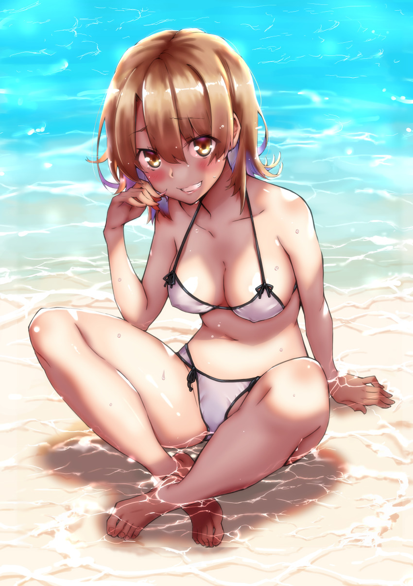 1girl absurdres aki_(pixiv57498743) barefoot beach bikini blush breasts brown_eyes brown_hair cleavage clenched_teeth collarbone covered_erect_nipples crossed_ankles day feet front-tie_bikini_bottom full_body highres isshiki_iroha looking_at_viewer medium_breasts navel outdoors playing_with_own_hair sand shore short_hair sitting smile solo swimsuit teeth thighs toes twirling_hair wading water wet white_bikini yahari_ore_no_seishun_lovecome_wa_machigatteiru.