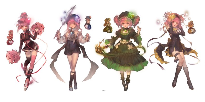 4girls amulet_clover amulet_dia amulet_heart amulet_spade apron asymmetrical_legwear beret black_dress black_gloves black_socks blue_shirt choker dia_(shugo_chara!) dress drill_hair drill_sidelocks egg female_focus frilled_sleeves frills gloves guardian_chara hair_bun hair_ornament hands_on_own_head hat highres hinamori_amu kneehighs maid_apron maid_headdress miki_(shugo_chara!) mismatched_legwear multiple_girls pink_hair pom_pom_(cheerleading) ran_(shugo_chara!) ribbon ribbon_choker shirt shorts shugo_chara! sidelocks simple_background single_hair_bun skates socks suu_(shugo_chara!) treble_clef twintails white_background yellow_eyes yerm