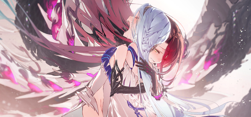 2girls blue_hair blush braid closed_eyes crying elbow_gloves fate/grand_order fate_(series) floating_hair game_cg gloves hair_between_eyes hairband hotosoka hug long_hair multiple_girls official_art open_mouth red_hair ribbon third-party_source typhon_ephemeros_(fate) typhon_epsilon_(fate) upper_body yellow_eyes