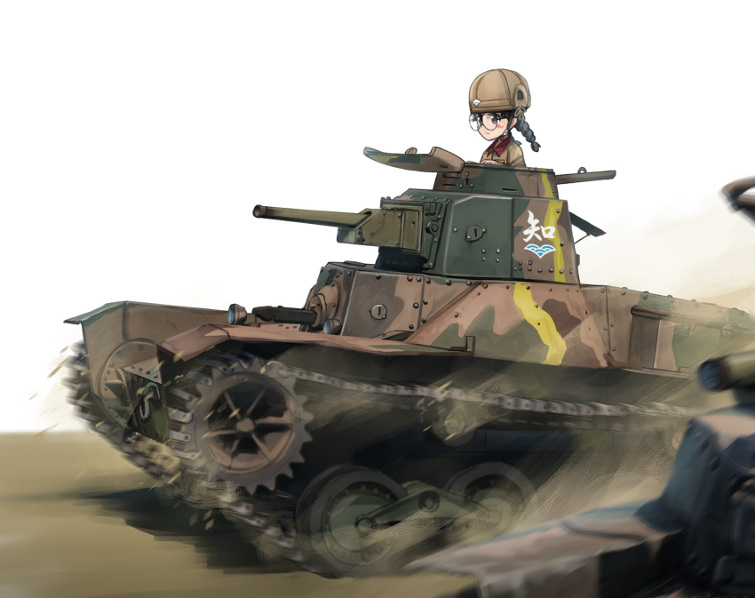 1girl black_hair brown_headwear brown_jacket camouflage chi-hatan_(emblem) chi-hatan_military_uniform driving emblem fukuda_haru girls_und_panzer glasses highres jacket kk90 military_vehicle motor_vehicle solo tank type_95_ha-gou type_97_lmg white_background