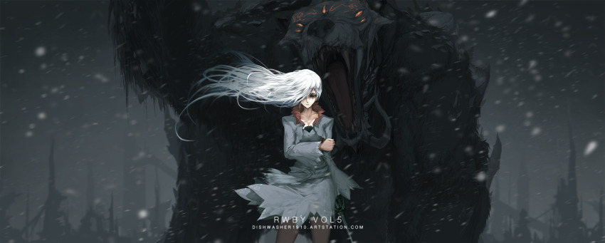 1girl artist_name artstation_username black_pantyhose blue_eyes breasts cleavage closed_mouth collarbone commentary dishwasher1910 dress expressionless extra_eyes floating_hair glowing glowing_eyes grey_dress grey_sky grimm_(rwby) hand_on_own_arm highres holding holding_own_arm holding_sword holding_weapon horns left-handed long_hair long_sleeves looking_at_viewer medium_breasts monster motion_blur myrtenaster outdoors pantyhose rwby scar scar_across_eye scar_on_face sharp_teeth sky snowing solo standing sword teeth watermark weapon web_address weiss_schnee white_hair wide_sleeves wind