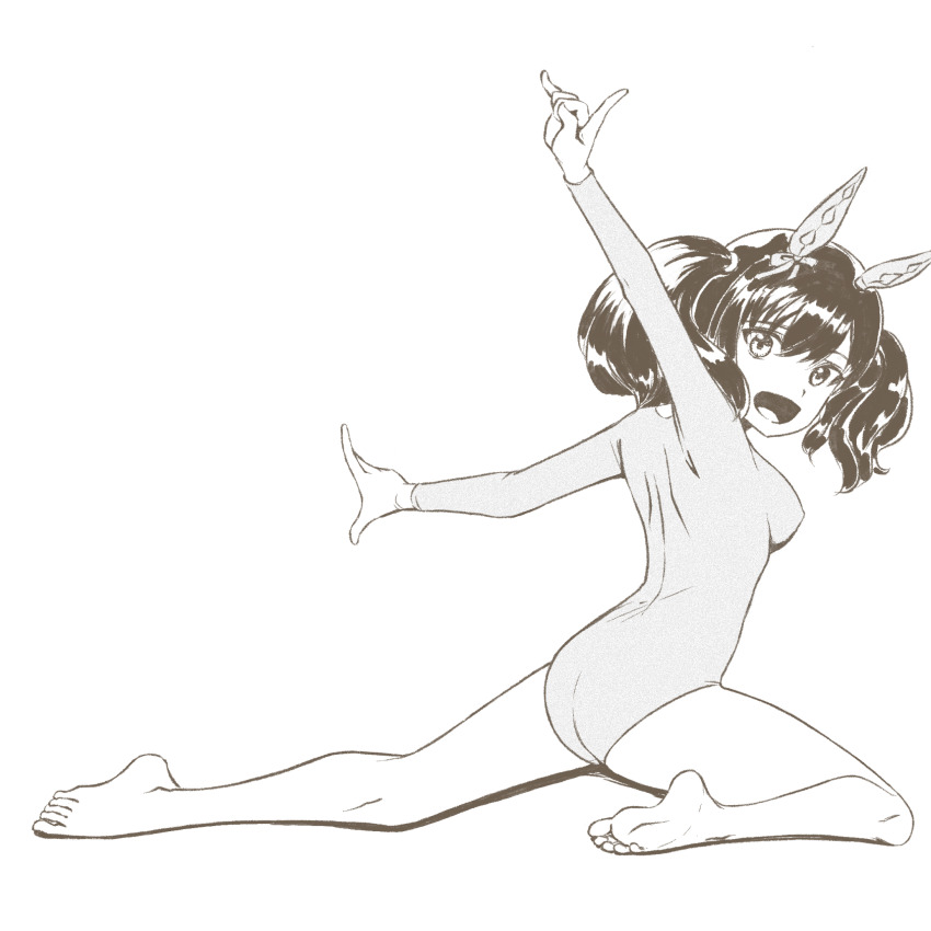 1girl animal_ears barefoot commentary_request ear_covers full_body greyscale highres horse_ears horse_girl kageng leotard long_sleeves monochrome nice_nature_(umamusume) no_tail open_mouth simple_background smile soles solo twintails umamusume white_background