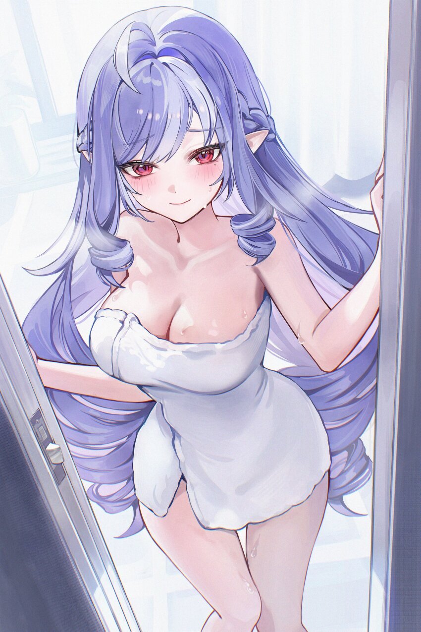 1girl absurdres after_bathing ahoge blush braid breasts closed_mouth collarbone commentary cowboy_shot doorway highres indoors large_breasts long_hair looking_at_viewer multicolored_hair naked_towel pointy_ears pov_doorway purple_hair red_eyes sidelocks smile solo streaked_hair symbol-only_commentary towel very_long_hair vivian_(zenless_zone_zero) wet zenless_zone_zero zije