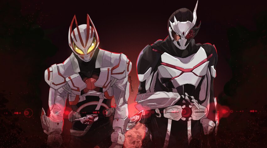 2boys absurdres antennae ark-one_progrise_key ark_driver-one armor ashes belt black_bodysuit bodysuit boost_markiii_buckle bug commentary creator_connection cycloneactionx desire_driver energy extra_tails fire_and_brimstone fox fox_tail gauntlets gloves glowing glowing_eye glowing_eyes grasshopper hiden_aruto highres holding holding_belt insect kamen_rider kamen_rider_01_(series) kamen_rider_ark-one kamen_rider_geats kamen_rider_geats_(series) male_focus mask multiple_boys neon_trim open_hands power_armor progrise_key raise_buckle red_eyes rider_belt shoulder_pads tail tokusatsu trait_connection two-tone_bodysuit ukiyo_ace upper_body white_armor white_bodysuit white_gloves yellow_eyes