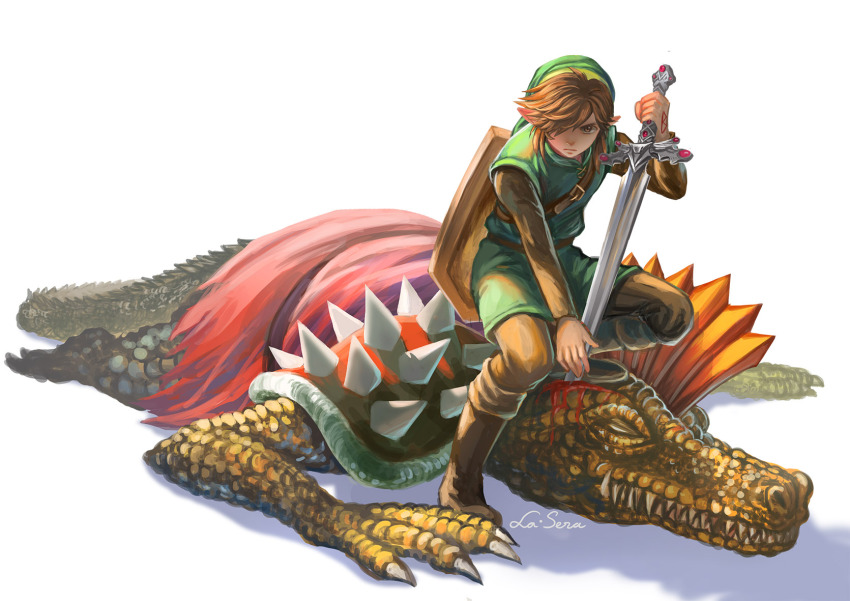 2boys boots brown_footwear brown_hair brown_pants closed_mouth creature daira_(zelda) green_tunic hair_over_one_eye highres holding holding_sword holding_weapon knee_boots la_sera_art link long_sleeves multiple_boys nintendo pants scales serious sharp_teeth shield shield_on_back shoulder_spikes sitting sitting_on_person spikes sword teeth the_legend_of_zelda triforce tunic weapon zelda_ii:_the_adventure_of_link