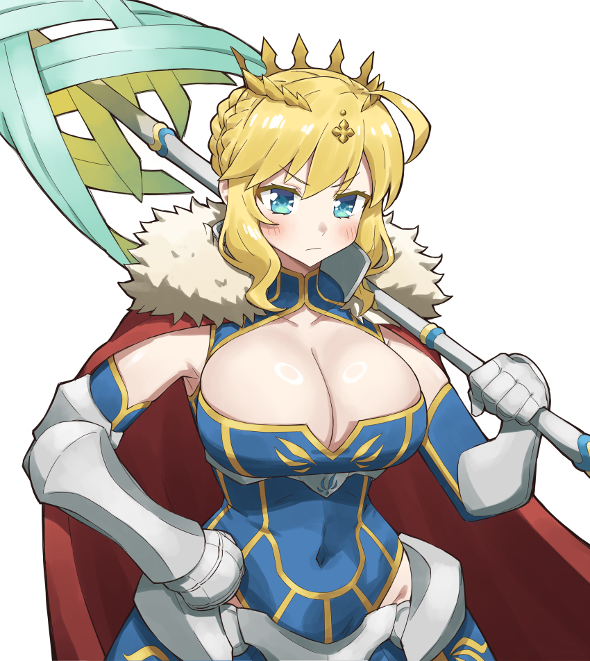 1girl absurdres ahoge artoria_pendragon_(fate) artoria_pendragon_(lancer)_(fate) blonde_hair breasts cape cleavage cleavage_cutout clothing_cutout covered_navel crown fate/grand_order fate_(series) fur-trimmed_cape fur_trim gauntlets green_eyes hand_on_own_hip highres lance large_breasts over_shoulder polearm red_cape rhongomyniad_(fate) tomboysweat69 weapon weapon_over_shoulder white_background