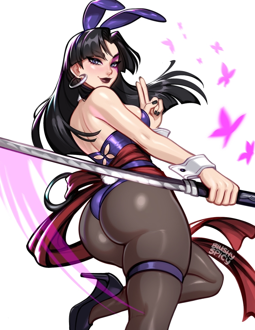 1girl animal_ears ass black_hair black_leotard blushyspicy breasts detached_collar fake_animal_ears fake_tail fishnet_pantyhose fishnets highleg highleg_leotard highres large_breasts leotard long_hair looking_at_viewer marvel marvel_rivals pantyhose playboy_bunny psylocke psylocke_(vengeance) purple_eyes purple_leotard rabbit_ears rabbit_tail sash solo strapless strapless_leotard sword tail thighhighs weapon wrist_cuffs x-men