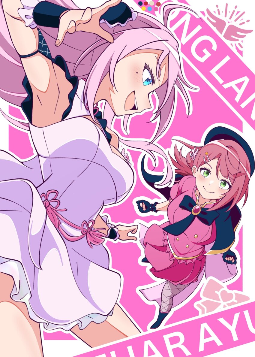 2girls ahoge armpits artist_name black_capelet black_hat blue_eyes blunt_bangs breasts bun_cover capelet cleavage_cutout clothing_cutout commentary coral_hair_ornament cowboy_shot double_bun dress frilled_dress frilled_shirt frills full_body green_eyes hair_bun hair_ornament hairclip half_updo hat highres large_breasts long_hair looking_at_another love_live! love_live!_nijigasaki_high_school_idol_club love_live!_nijigasaki_high_school_idol_club_the_movie_-_finale medium_hair miniskirt mole mole_under_eye multiple_girls official_alternate_costume open_mouth phoenix_(love_live!) pink_background pink_hair pink_shirt pink_skirt puffy_short_sleeves puffy_sleeves shirt short_dress short_sleeves side_cape sidelocks sideways_mouth simple_background skirt skirt_set sleeveless sleeveless_dress stellar_stream_(love_live!) swept_bangs symbol-only_commentary teeth thio_lovelive two_side_up uehara_ayumu upper_teeth_only white_dress zhong_lanzhu