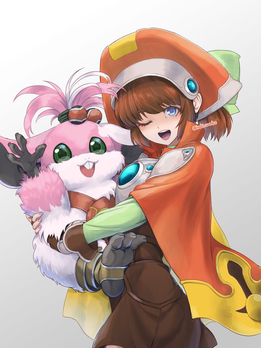 1girl :d blue_eyes blue_pupils brown_hair chu_chu_(xenogears) commentary_request green_eyes highres hug ivuki looking_at_viewer marguerite_fatima one_eye_closed open_mouth pink_fur simple_background smile standing teeth upper_teeth_only white_background xenogears