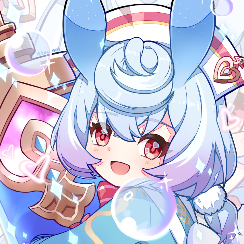 1girl antennae aqua_hair blush bubble genshin_impact hair_between_eyes hat heart highres holding holding_syringe large_syringe long_sleeves looking_at_viewer melusine_(genshin_impact) nurse nurse_cap open_mouth oversized_object pink_eyes short_hair sigewinne_(genshin_impact) smile solo syringe toumei_4869 twintails