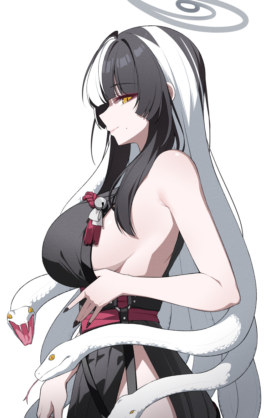 1girl absurdres azami_(blue_archive) bell black_hair black_kimono black_nails blue_archive breasts closed_mouth commentary_request fingernails highres japanese_clothes jingle_bell kimono large_breasts long_hair looking_at_viewer mole mole_under_mouth multicolored_hair nail_polish reia_76 sideboob simple_background sleeveless sleeveless_kimono slit_pupils smile snake_hair streaked_hair two-tone_hair white_background white_hair yellow_eyes