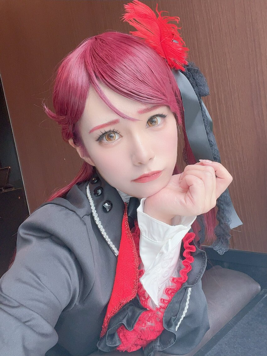 1girl cosplay cosplay_photo costume guilty_kiss_(love_live!) honamen_cos indoors long_hair looking_at_viewer love_live! love_live!_sunshine!! photo_(medium) red_hair sakurauchi_riko selfie yellow_eyes