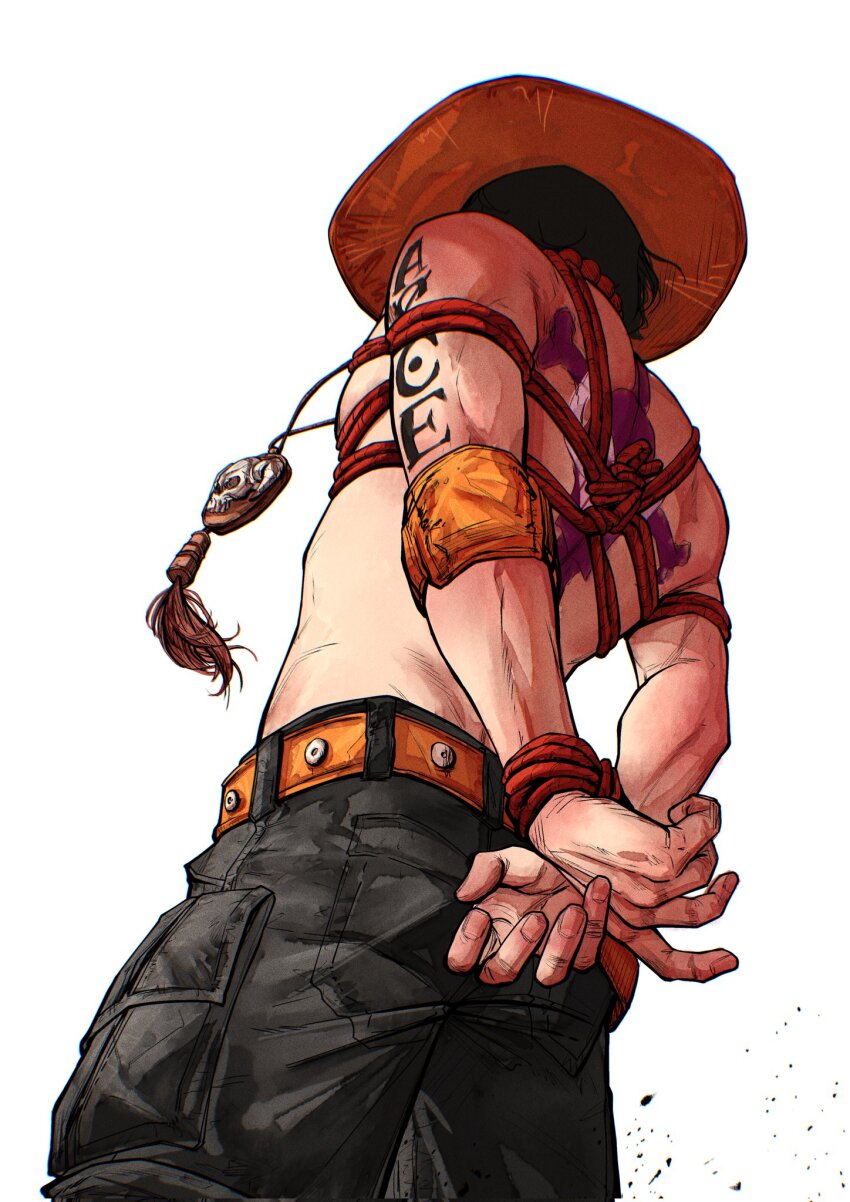 1boy arms_behind_back back_tattoo bead_necklace beads belt black_hair black_pants bound bound_wrists brown_belt commentary english_commentary from_behind hat highres jewelry jolly_roger male_focus multiple_tattoos necklace one_piece pants pedro_renji portgas_d._ace pouch red_rope rope shibari shoulder_tattoo simple_background solo standing tattoo topless_male white_background whitebeard_pirates_jolly_roger
