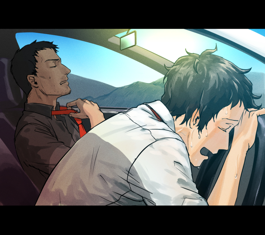 2boys adachi_tooru beard_stubble black_border black_hair border car car_interior car_seat doujima_ryoutarou driving facial_hair from_side grey_shirt highres hot leaning_forward loose_necktie morrisuit motor_vehicle multiple_boys necktie open_mouth parted_lips persona persona_4 rear-view_mirror red_necktie shirt short_hair steering_wheel stubble sweat sweatdrop white_shirt