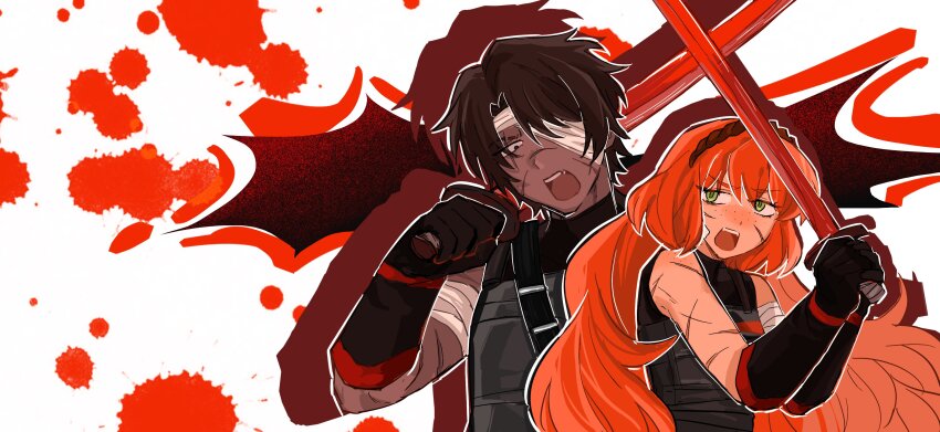 1boy 1girl absurdres bare_shoulders black_gloves black_shirt blood brown_hair brown_hairband dark-skinned_male dark_skin freckles gloves green_eyes hairband heathcliff_(project_moon) highres holding holding_sword holding_weapon ishmael_(project_moon) limbus_company long_hair looking_at_viewer open_mouth orange_hair project_moon purple_eyes scar shi_association_south_uniform shirt short_hair simple_background sleeveless standing sword upper_body weapon wu_kai_zajiao_shiyan_shi