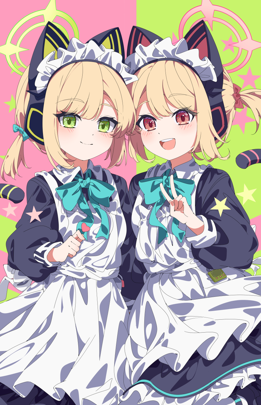 2girls :d absurdres animal_ear_headphones animal_ears apron aqua_bow aqua_bowtie black_dress blonde_hair blue_archive bow bowtie cat_ear_headphones cat_tail commentary dress fake_animal_ears fake_tail green_eyes headphones highres hua-huahua maid maid_apron maid_headdress midori_(blue_archive) midori_(maid)_(blue_archive) momoi_(blue_archive) momoi_(maid)_(blue_archive) multiple_girls open_mouth red_eyes siblings smile star_(symbol) tail twins v white_apron