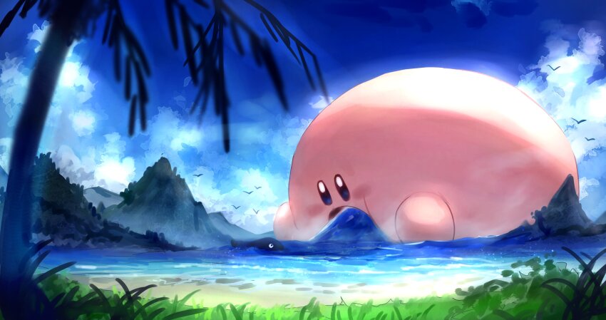 absurdres bird blush_stickers colored_skin eating grass highres kirby kirby_(series) mountainous_horizon nintendo no_humans ocean outdoors palm_tree pink_skin shiburingaru tree