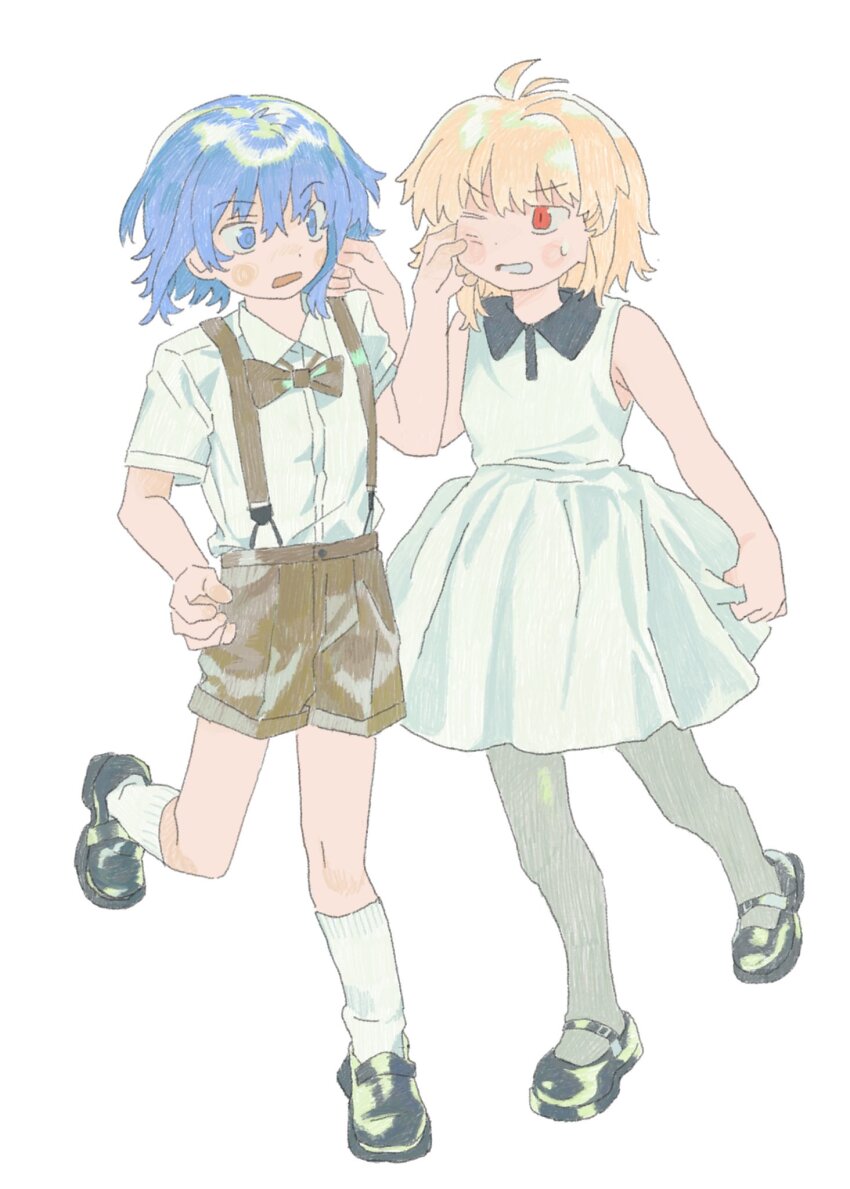 2girls aged_down ahoge aoymkyo arcueid_brunestud black_shoes blonde_hair blue_eyes blue_hair blush bow bowtie brown_bow brown_bowtie brown_shorts cheek_pinching ciel_(tsukihime) collared_dress dress dress_shirt grey_pantyhose highres kneehighs loafers looking_at_another mary_janes multiple_girls one_eye_closed open_mouth pantyhose pinching red_eyes shirt shirt_tucked_in shoes short_hair short_sleeves shorts simple_background sleeveless sleeveless_dress socks standing standing_on_one_leg suspenders sweatdrop tsukihime white_background white_dress white_shirt white_socks