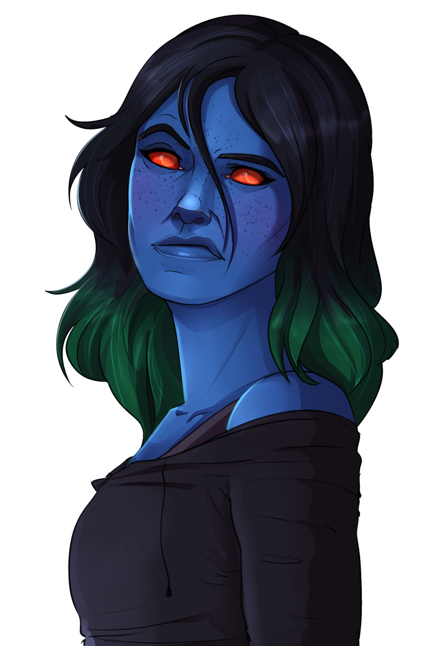 1girl absurdres alien black_hair black_shirt blue_skin chiss colored_skin freckles green_hair highres looking_at_viewer medium_hair multicolored_hair red_eyes shirt simple_background solo star_wars star_wars:_the_old_republic thegarbagechute two-tone_hair upper_body white_background