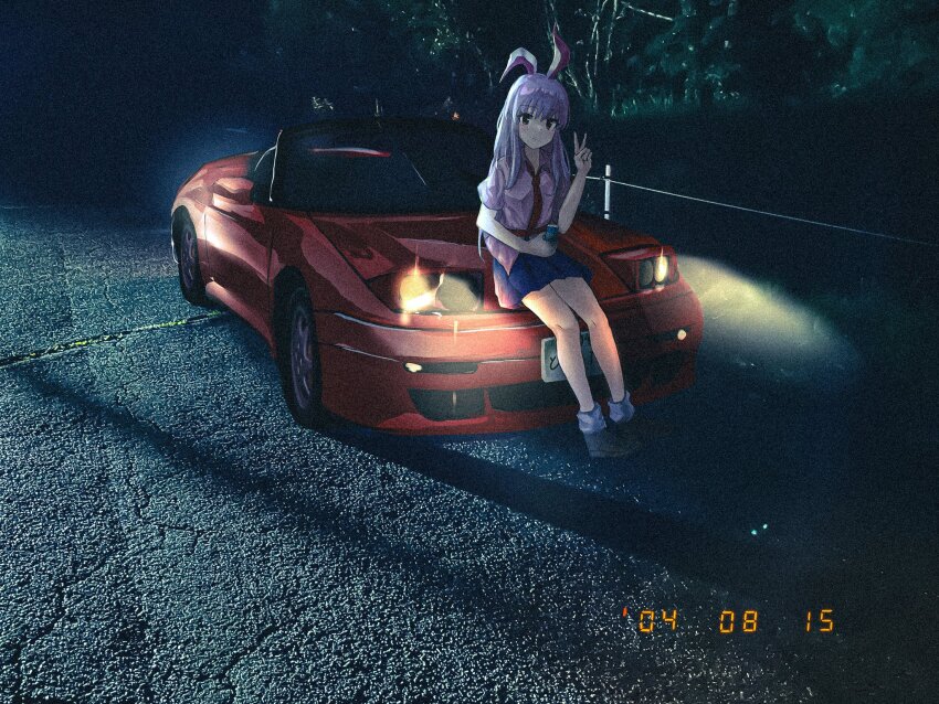 1girl animal_ears black_footwear blue_skirt car collared_shirt commission convertible highres holding license_plate looking_at_viewer lotus_(brand) lotus_elan motor_vehicle night nougat_(no_9ada) on_car outdoors photo_background purple_eyes purple_hair rabbit_ears red_car reisen_udongein_inaba shadow shirt sitting skirt socks solo sports_car timestamp touhou v white_socks