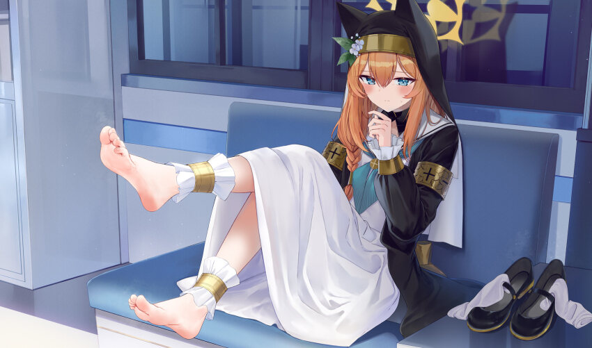 1girl animal_ear_headwear animal_ears ankle_garter aqua_neckerchief armlet barefoot black_veil blue_archive blue_eyes blush braid cat_ears coif dress fake_animal_ears flower foot_focus frilled_sleeves frills gold_armlet halo hand_up hat hat_flower highres jewelry knees_up kou_futoshi leg_up long_hair long_sleeves low-braided_long_hair low-tied_long_hair mari_(blue_archive) neckerchief nun orange_hair sailor_collar shoes sitting socks soles solo unworn_shoes unworn_socks veil white_dress white_flower yellow_halo