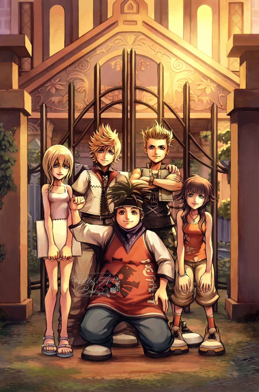 2girls 3boys artist_name bare_shoulders black_hair blonde_hair brown_hair closed_mouth collarbone commentary dress english_commentary green_eyes hand_on_another&#039;s_shoulder hayner highres holding holding_notebook hollypolllyy jacket kingdom_hearts kingdom_hearts_ii lips long_hair looking_at_viewer multiple_boys multiple_girls namine notebook olette orange_shirt pence pink_lips pointy_hair roxas sandals shirt short_hair short_sleeves sleeveless sleeveless_dress sleeveless_shirt smile white_dress white_jacket