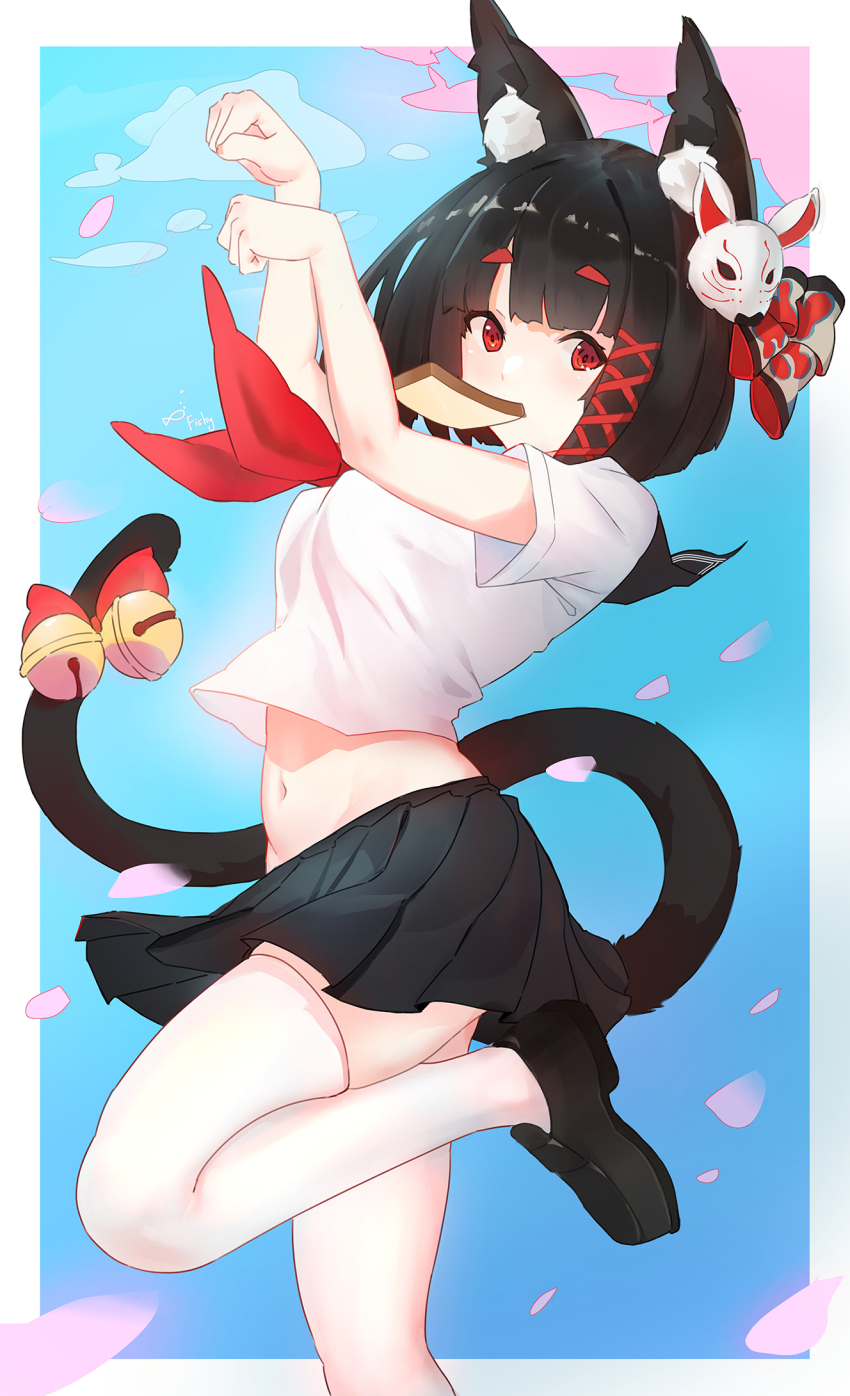 1girl animal_ear_fluff animal_ears arms_up artist_name azur_lane bell black_hair black_shoes black_skirt blue_background blush bow bread bread_slice breasts cat_ears cat_tail falling_petals fishofthelakes food food_in_mouth fox_mask highres leg_up loafers looking_at_viewer mask mask_on_head midriff mismatched_eyebrows mouth_hold navel necktie outside_border paw_pose petals pleated_skirt red_bow red_eyes red_necktie school_uniform shoes short_sleeves skirt solo tail tail_bell tail_bow tail_ornament thighhighs toast toast_in_mouth white_thighhighs yamashiro_(azur_lane)
