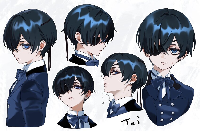 1boy absurdres adam&#039;s_apple arrow_(symbol) bishounen blue_eyes blue_jacket blue_ribbon buttons ciel_phantomhive closed_mouth commentary_request cropped_shoulders crossed_bangs double-breasted earrings eyelashes eyepatch highres jacket jewelry kuroshitsuji lapels looking_to_the_side male_focus neck_ribbon one_eye_covered parted_bangs piercing ribbon sanpaku sideways_glance stud_earrings suit_jacket sweatdrop tei(_te_i_328) white_background