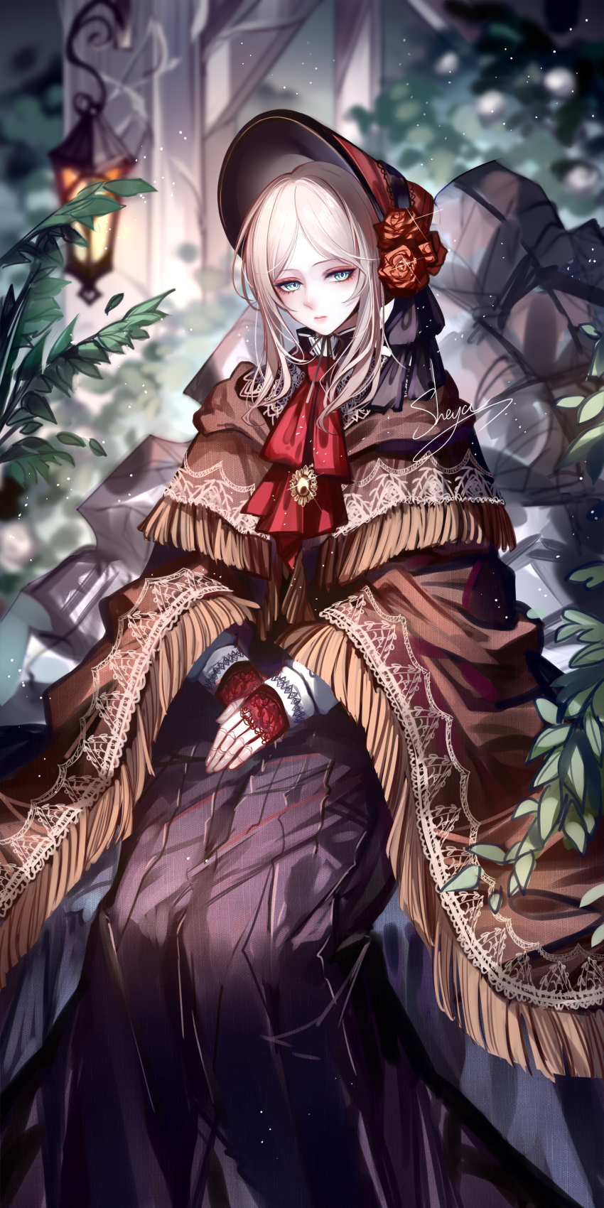 1girl absurdres artist_name black_skirt bloodborne blue_eyes bonnet brown_cloak brown_flower brown_rose cloak flower grey_hair highres long_hair long_sleeves looking_at_viewer plain_doll plant rock rose sheya signature sitting skirt solo